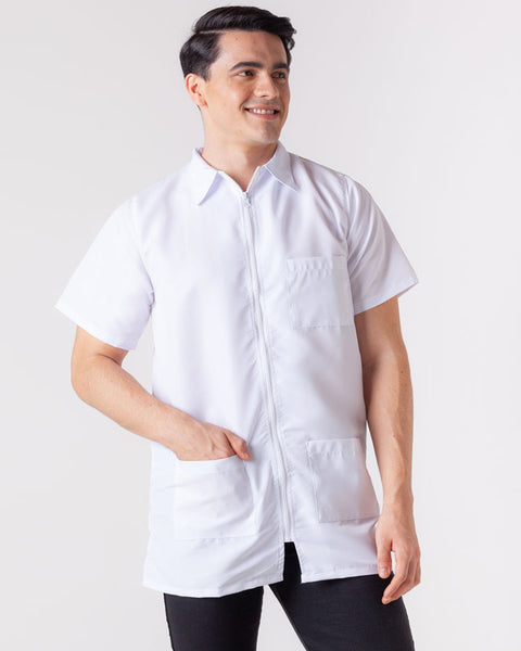 Bata En Antifluido Cuello Camisero Manga Corta Unisex Blanco