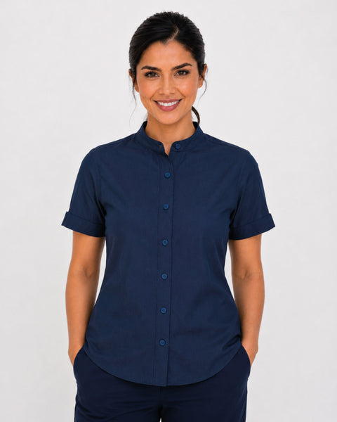 Women’s Short-Sleeve Chambray Shirt with Neru Collar Ref: 121