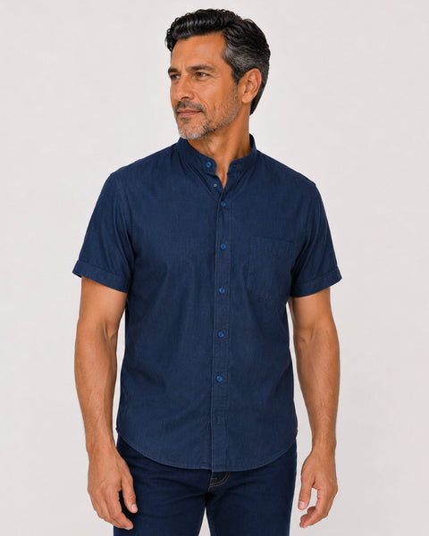 Men’s Short-Sleeve Chambray Shirt with Neru Collar Ref: 122