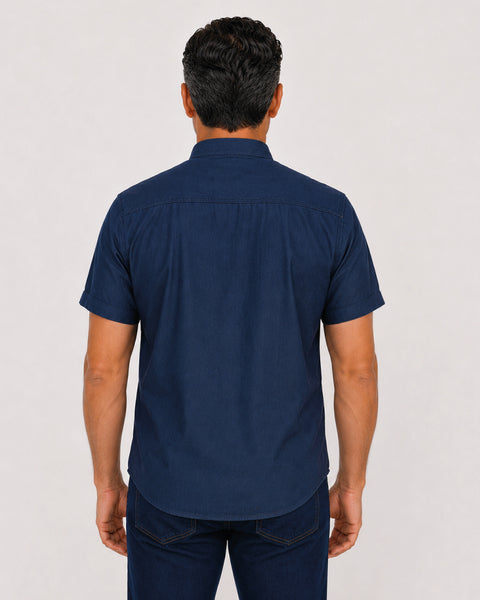 Men’s Short-Sleeve Chambray Shirt with Neru Collar Ref: 122