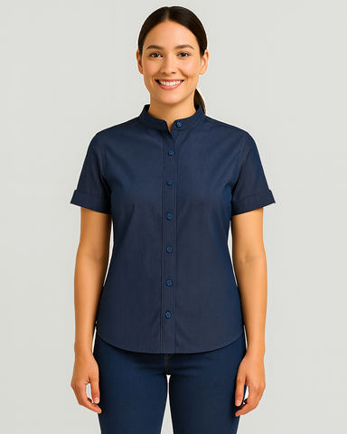 Camisa En Chambray Manga Corta Cuello Nerú Para Mujer Ref: 121
