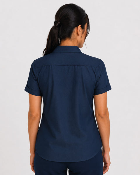 Women’s Short-Sleeve Chambray Shirt with Neru Collar Ref: 121