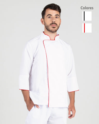 Chaqueta Para Chef En Antifluido Unisex Blanca Sesgo Rojo o Negro Ref: 011