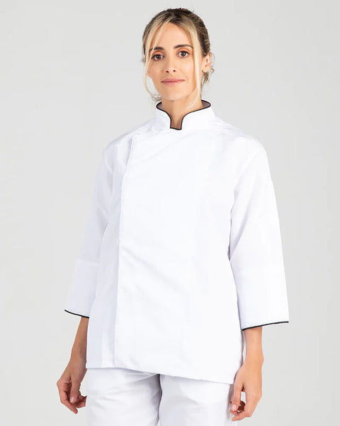 White Unisex Fluid-resistant Chef Jacket with Black Trim Ref: 011